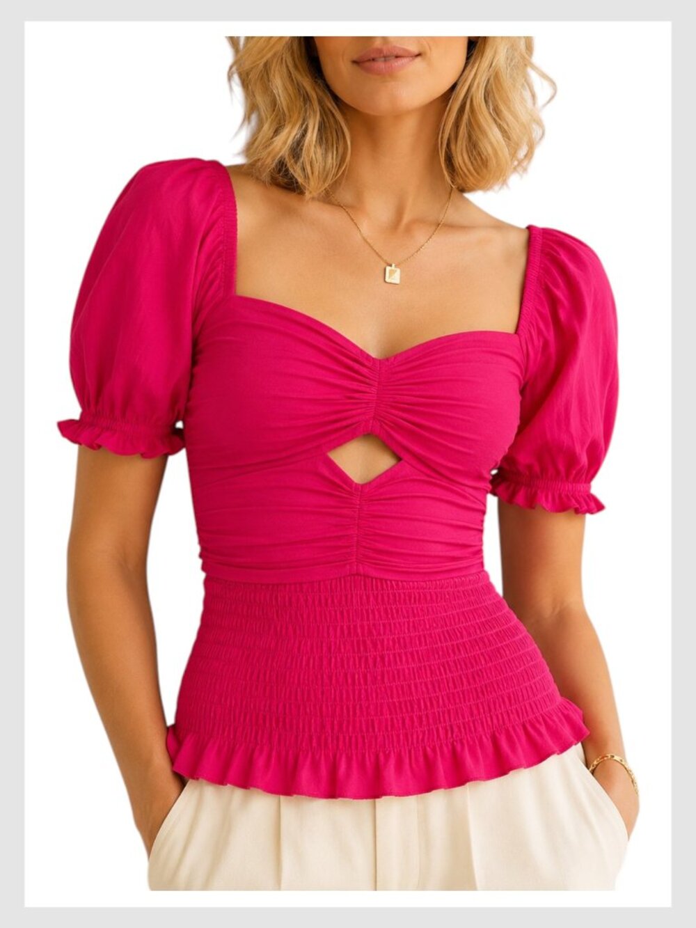 Ramy Brook Smocked Cutout Top Fuchsia Puff Sleeve XS